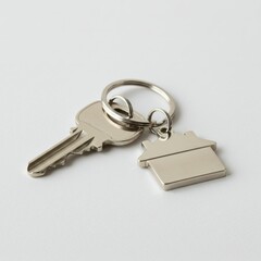 Metal keys, silver keyring, beige plastic tag, minimalist design, closeup photography, soft lighting, neutral background, everyday objects, simple composition, clean aesthetic, matte finish, household