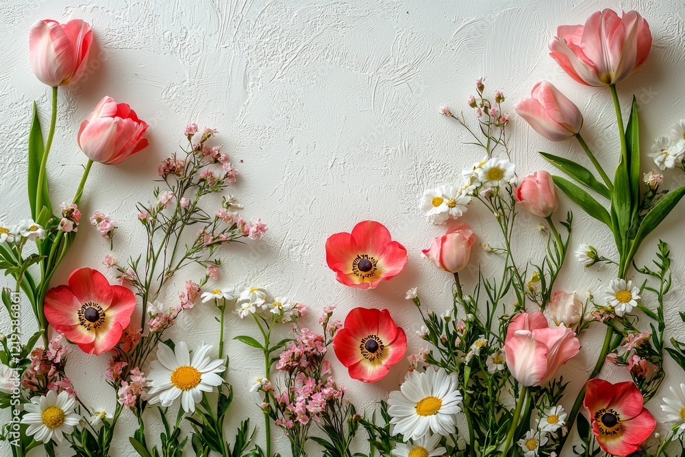 Poster Bright and colorful bouquet fresh roses tulips and daisies is arranged edges creating clean white center perfect for adding custom text or graphics enhance design projects