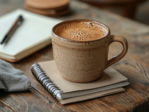mug of coffee sits alongside neatly stacked notebooks and pens on rustic wooden table. Ample blank space invites personalization for branding or text ideal for creative projects.