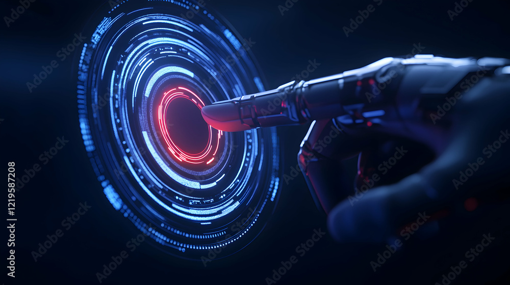 Poster a close-up of a robotic hand reaching towards a glowing digital interface, symbolizing innovation an