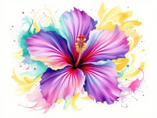 Obraz premium Vibrant Watercolor Hibiscus Flower with Colorful Splashes
