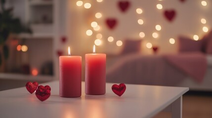Romantic bedroom candles, hearts, Valentine's Day