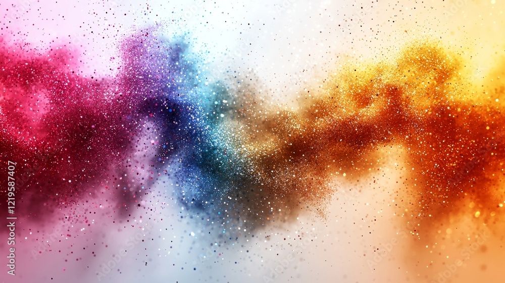 Poster vibrant glitter particles scatter across white surface illuminated soft glowing light. there is clea