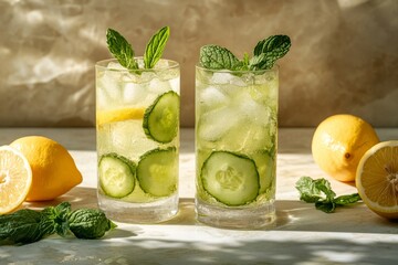 Refreshing cucumber lemonade drinks garnished with mint and lemon slices in a vibrant setting