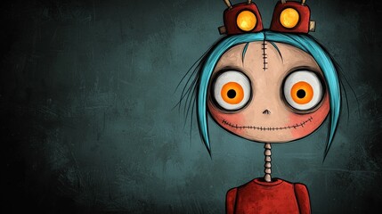 A cartoon robot with blue hair and big eyes
