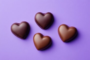 Fototapeta premium Elegant heart-shaped chocolates arranged on a vibrant purple background for delightful enjoyment