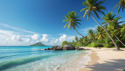 Idyllic Tropical Beach with Lush Palm Trees and Turquoise Waters &ndash; Perfect Paradise Getaway