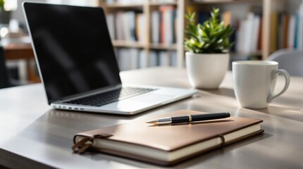 Modern workspace: laptop, notebook, pen, and coffee mug on desk with plant background