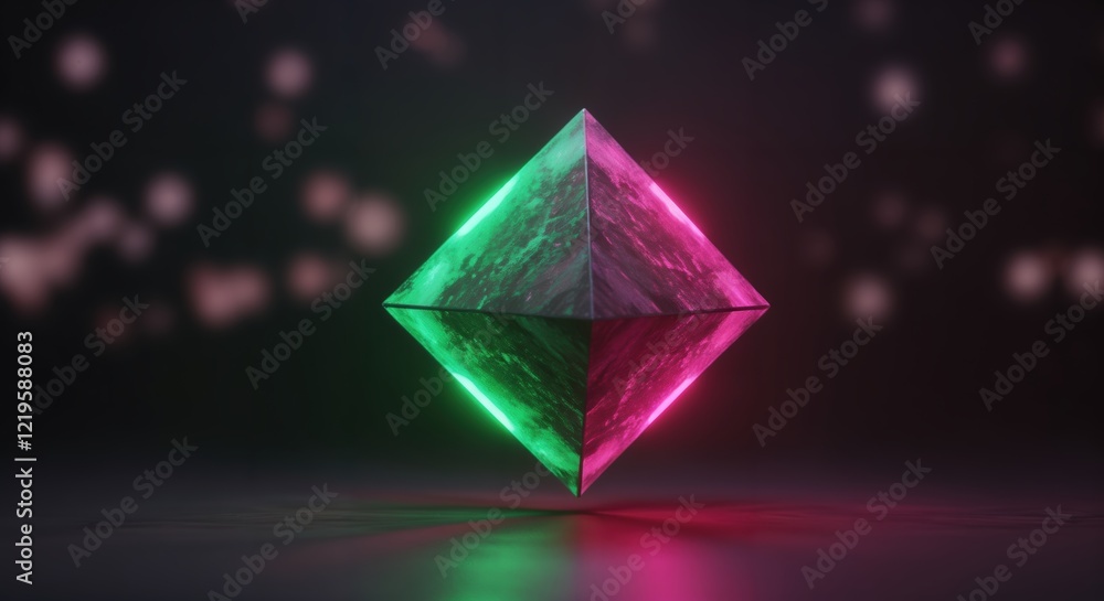 Poster neon illuminated geometric shape with futuristic glow and bokeh background