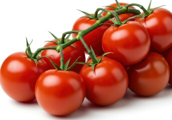 ripe tomatoes on the vine, bright red, glossy skin, green stems, cluster of tomatoes, fresh produce, high-resolution, photorealistic, white background, food photography, macro detail, vibrant colors, 