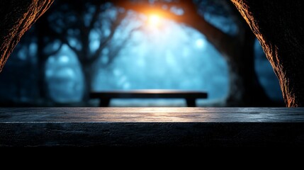 A wooden table in front of a dark forest at night