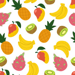 Summer tropical seamless pattern. Exotic fruits repeating background. Pineapple, pitahaya, banana and other fruits pattern on white background.