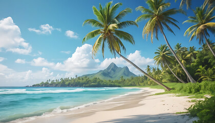 Idyllic Tropical Beach with Lush Palm Trees and Turquoise Waters – Perfect Paradise Getaway