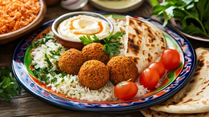 Image of rice and Mediterranean falafel with hummus and pita on a colorful plate, emphasizing crispy and savory qualities. Ideal for Mediterranean cuisine and healthy eating.
