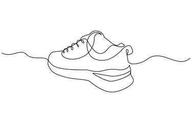Continuous single one line drawing of casual sneakers shoes minimalism design, Shoes continuous one line drawing. Sports shoes in a line style. Sneakers isolated on white background.
