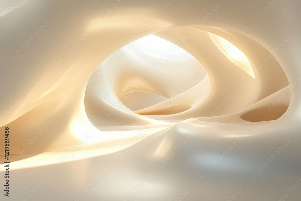 Poster soft curves and gentle light create a serene abstract composition in a cavernous space