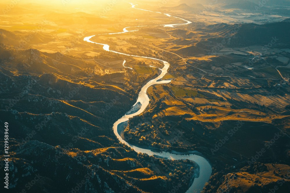 Wall mural Serene river snaking through a golden valley at sunset, surrounded by vibrant hills