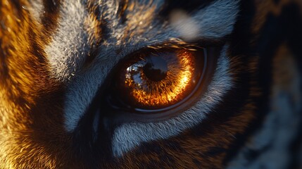 A tigers eye glowing in soft light with detailed fur around the edges