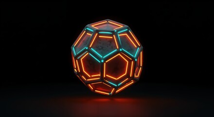 Futuristic neon geometric sphere with glowing orange and blue lights on dark background