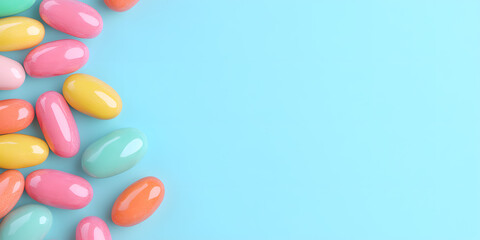 Pastel-colored candies scattered on a light blue background.  Perfect for a sweet treat, confectionery, or springtime theme.