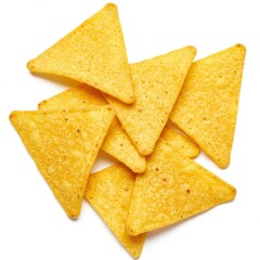 Fototapeta premium Crispy tortilla chips, golden yellow corn chips, triangular snacks, crunchy nacho chips, scattered arrangement, bright yellow color, textured surface, appetizing close-up, simple background, Mexican-i