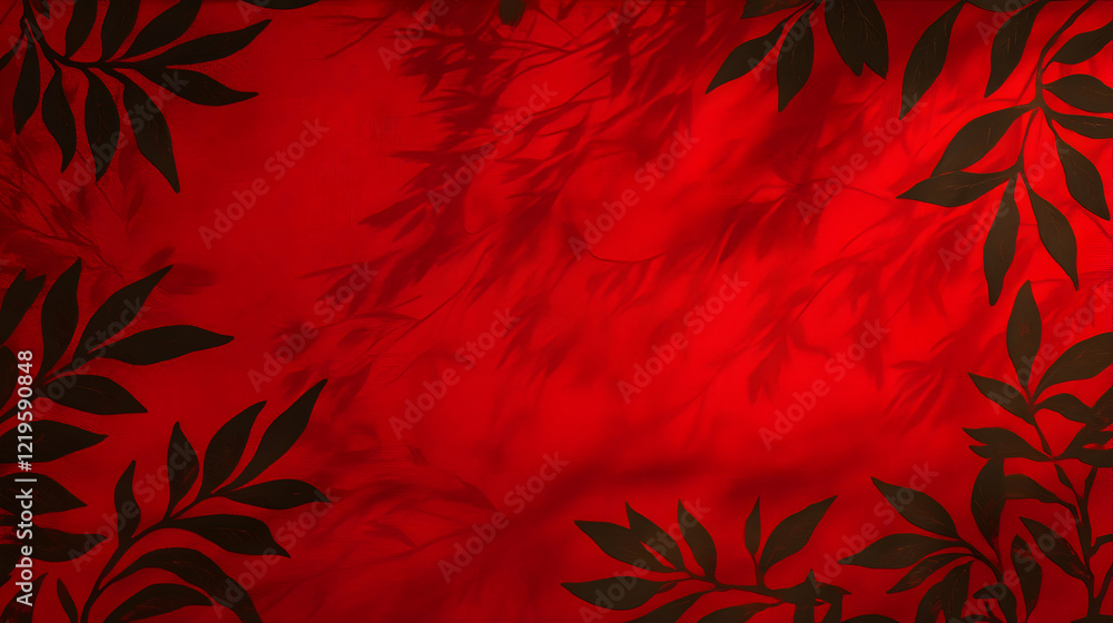Poster a vibrant, red background adorned with dark foliage patterns. ideal for design or artistic projects,