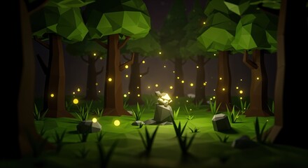 Fototapeta premium Enchanting low poly forest with glowing fireflies and mysterious crystal