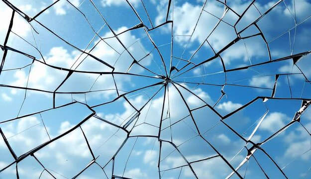 Dramatic shattering of reflective glass against cloudy blue sky