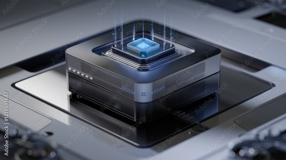 Poster Futuristic microchip installed in a sleek, high-tech device, showcasing advanced technology.