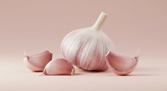 Minimalist still life, whole garlic bulb, pink garlic cloves, soft pastel background, matte finish, studio lighting, high-resolution detail, clean composition, subtle textures, monochromatic pink pale