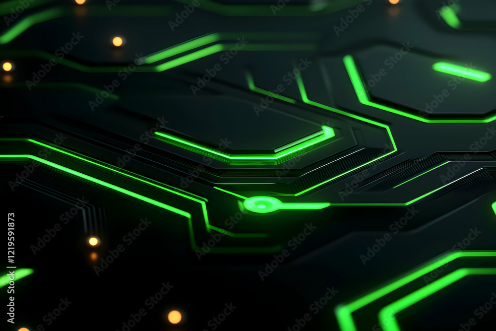 Poster abstract close-up of a circuit board featuring glowing green lines and intricate patterns. ideal for