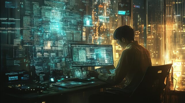 Person coding at a desk with multiple monitors displaying code at night with the city in background