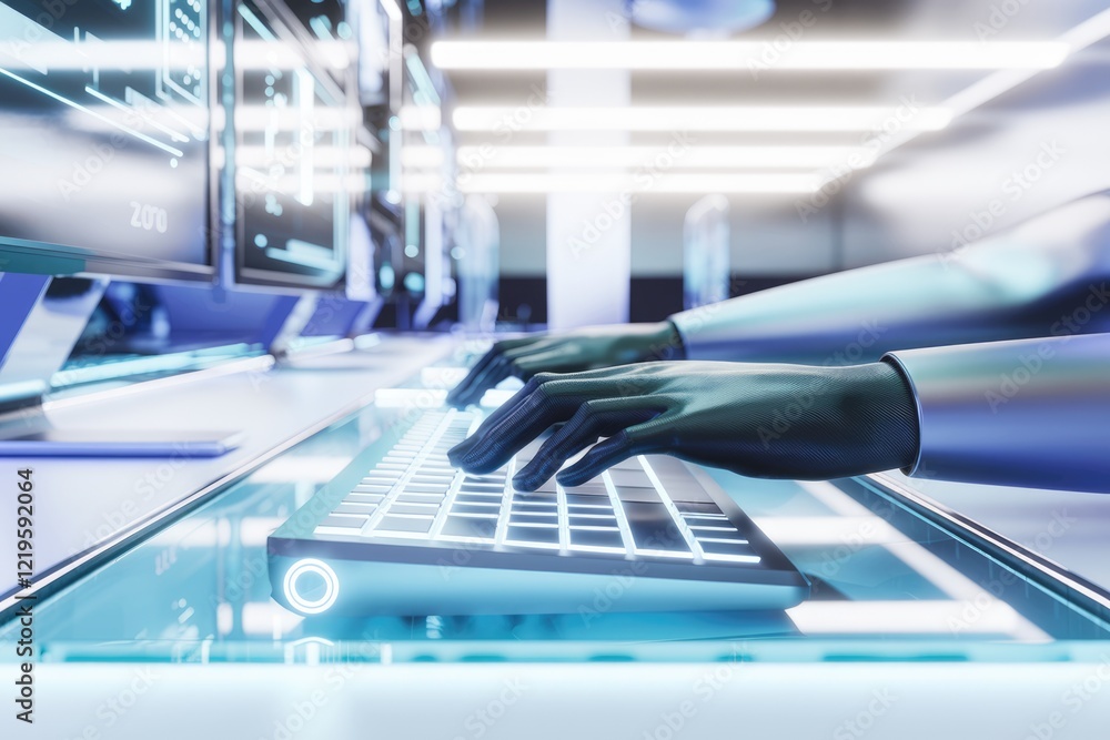 Poster Robotic hands typing on a futuristic keyboard, surrounded by glowing computer screens displaying data.
