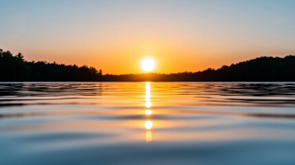 Fototapeta premium A sunset over a body of water with trees in the background