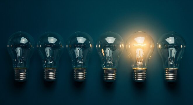 A glowing lightbulb surrounded by dimmed bulbs symbolizing innovation, creativity, and uniqueness in concepts and ideas. A striking image portraying contrast, individuality, and strategic thinking.

