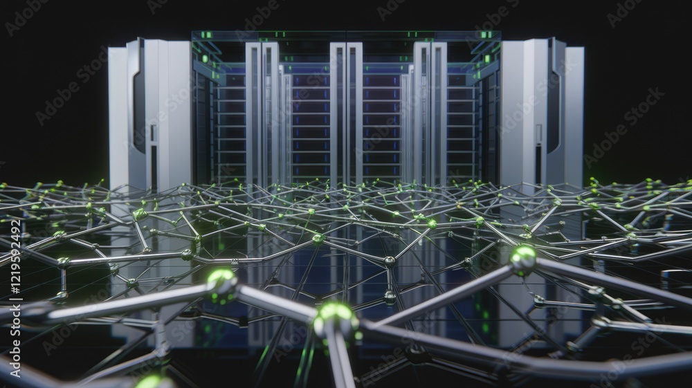 Poster Modern data center servers connected by a complex network, showcasing advanced technology and infrastructure.
