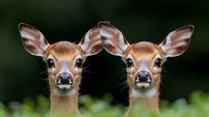 Fototapeta premium A couple of deer standing next to each other in the grass