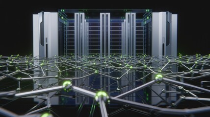 Modern data center servers connected by a complex network, showcasing advanced technology and infrastructure.