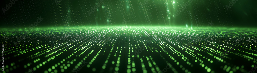 Poster a mesmerizing digital landscape filled with vibrant green data streams, representing the fusion of t
