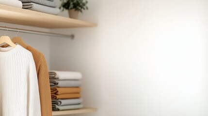 Fototapeta premium Wardrobe interior with clothes on hangers and folded on shelf. Closet organization and declutter concept. Image for interior and lifestyle content with copy space. 