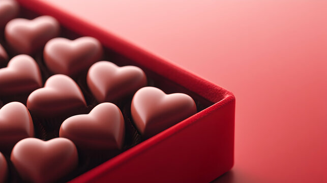 Delicious chocolate hearts arranged neatly in a red box, perfect for gifting on special occasions like Valentine's Day or anniversaries. Sweet treats that melt in your mouth.
