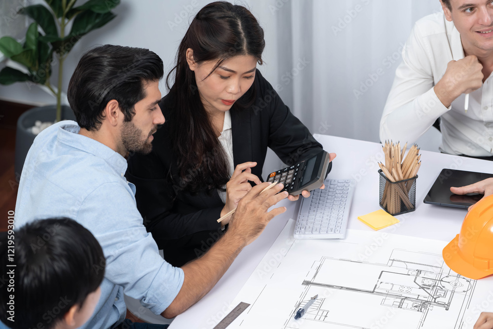 Aufkleber diverse group of civil engineer and client working together on architectural project, reviewing cons