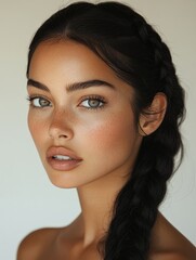 Naklejka premium a woman with long black hair and freckles in a braided ponytail, set against a white background She appears to be in the middle of a photoshoot, with her hair pull