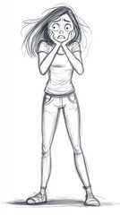  a sketch of a girl with her hands on her face, set against a white background She appears to be in a state of distress, with her eyes wide open and her mouth sligh