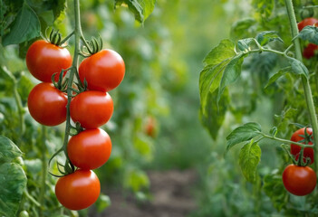 Fresh organic red ripe tomatoes hanging on the vine plant in a garden