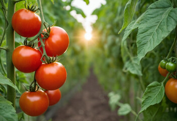 Fresh organic red ripe tomatoes hanging on the vine plant in a garden