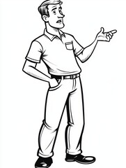 Obraz premium a black and white sketch of a man pointing at something He is wearing a shirt, pants, and shoes, and the background is white