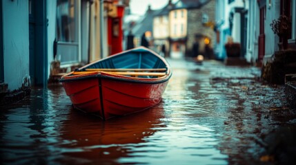 Obraz premium A vibrant red boat sits nestled in a flooded street. The reflection of quaint buildings creates a serene atmosphere. Discover the beauty in unusual settings. Generative AI