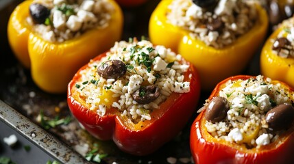 Image of rice and Mediterranean stuffed bell peppers with feta cheese and olives on a baking sheet, emphasizing savory and tangy qualities. Ideal for Mediterranean cuisine and healthy meals.