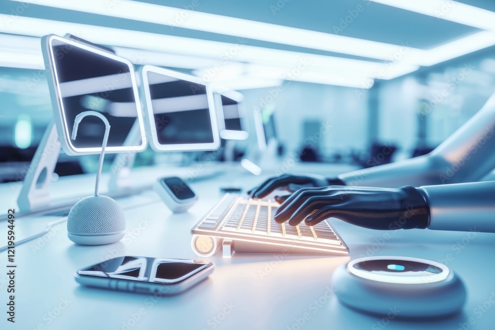 Aufkleber Robotic hands efficiently typing on a futuristic keyboard in a modern office setting.